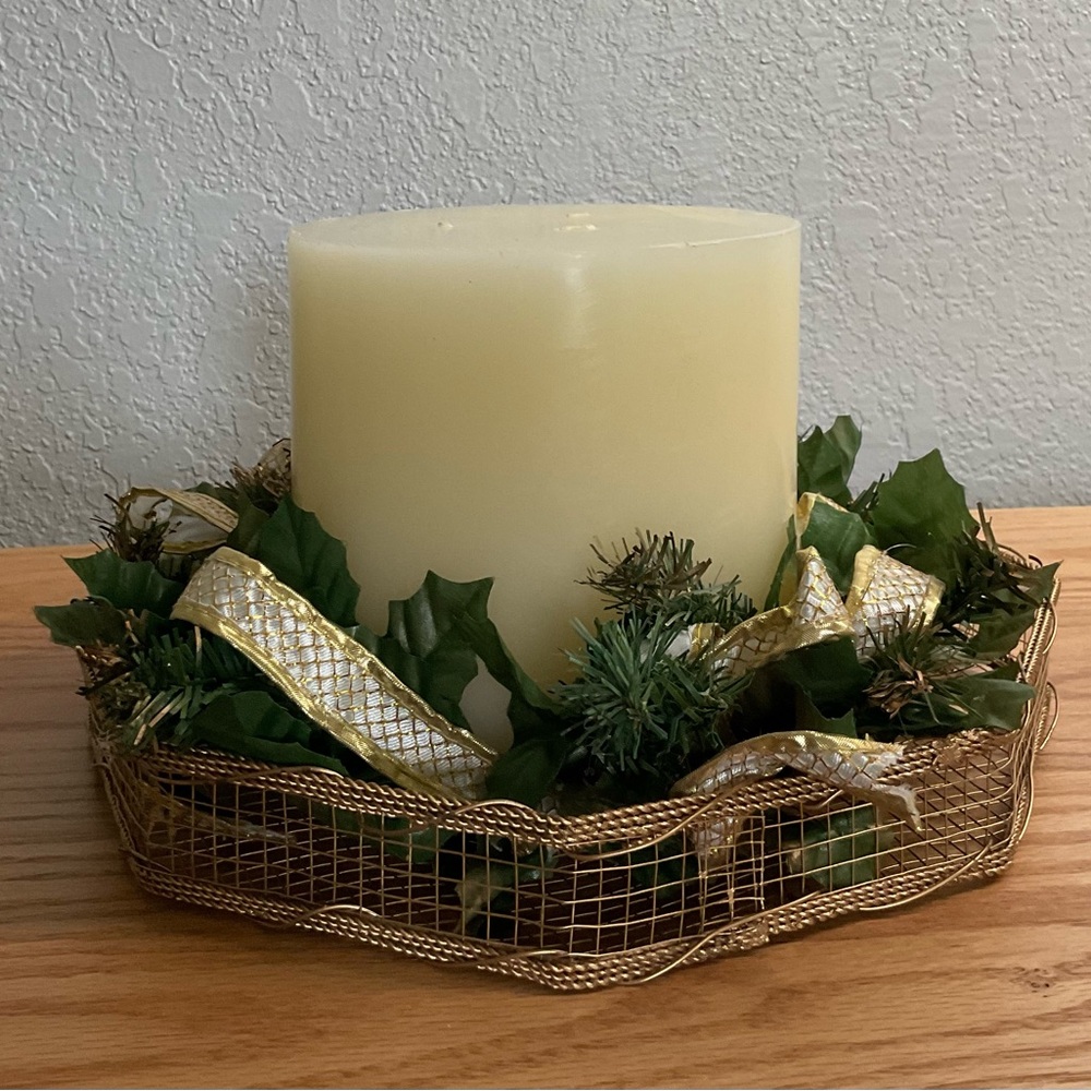 Decorated centerpiece set unscented candle,gold wire basket,greenery with ribbon